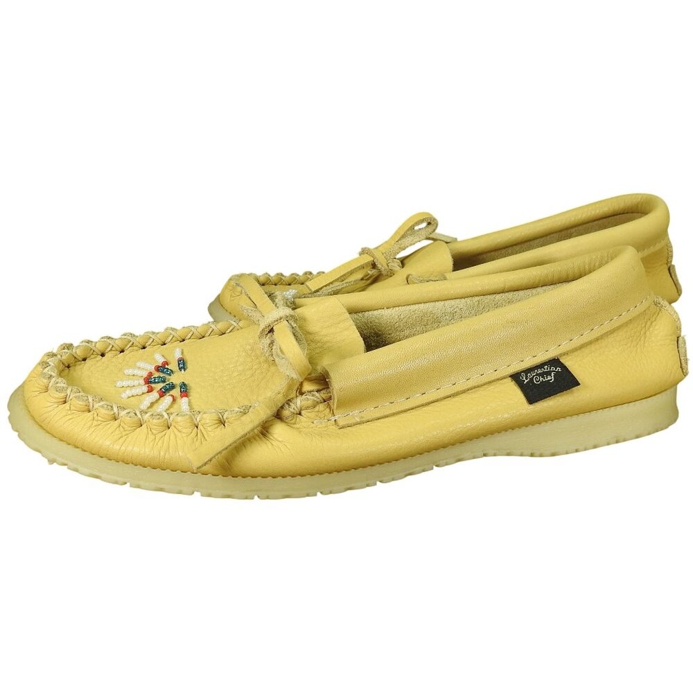Laurentian Chief Moccasins Beaded Yellow Deer Hide Hard Sole Canadian Size 5